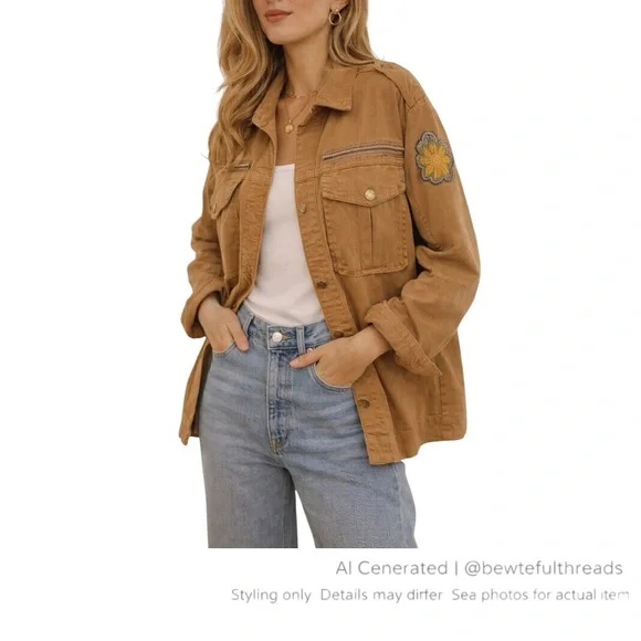 Boho Safari Utility Jacket Embroidered Tan Cotton Shacket Scandi M - Picture 12 of 12